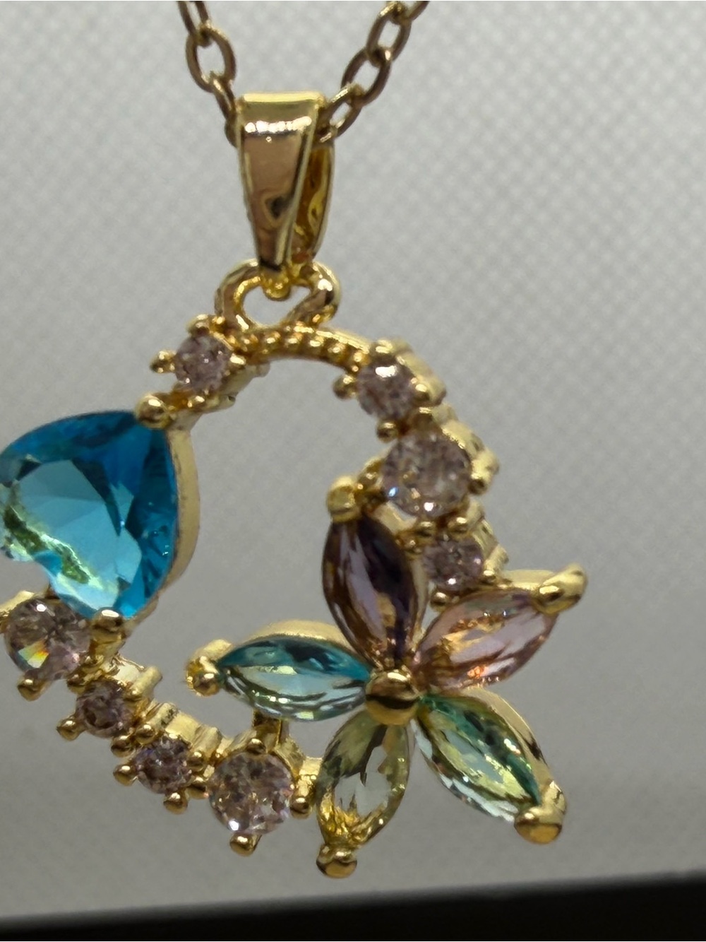 Gold-Tone Multicolor Flower & Teardrop Pendant Necklace - Blue, Pink, Green
